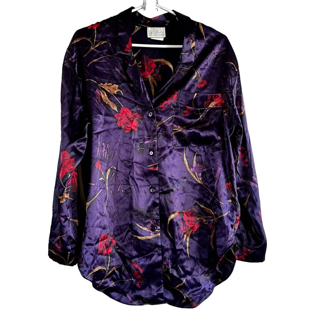 California Dynasty Satin Pajama Set Silky Button Down Pants Floral Purple Medium